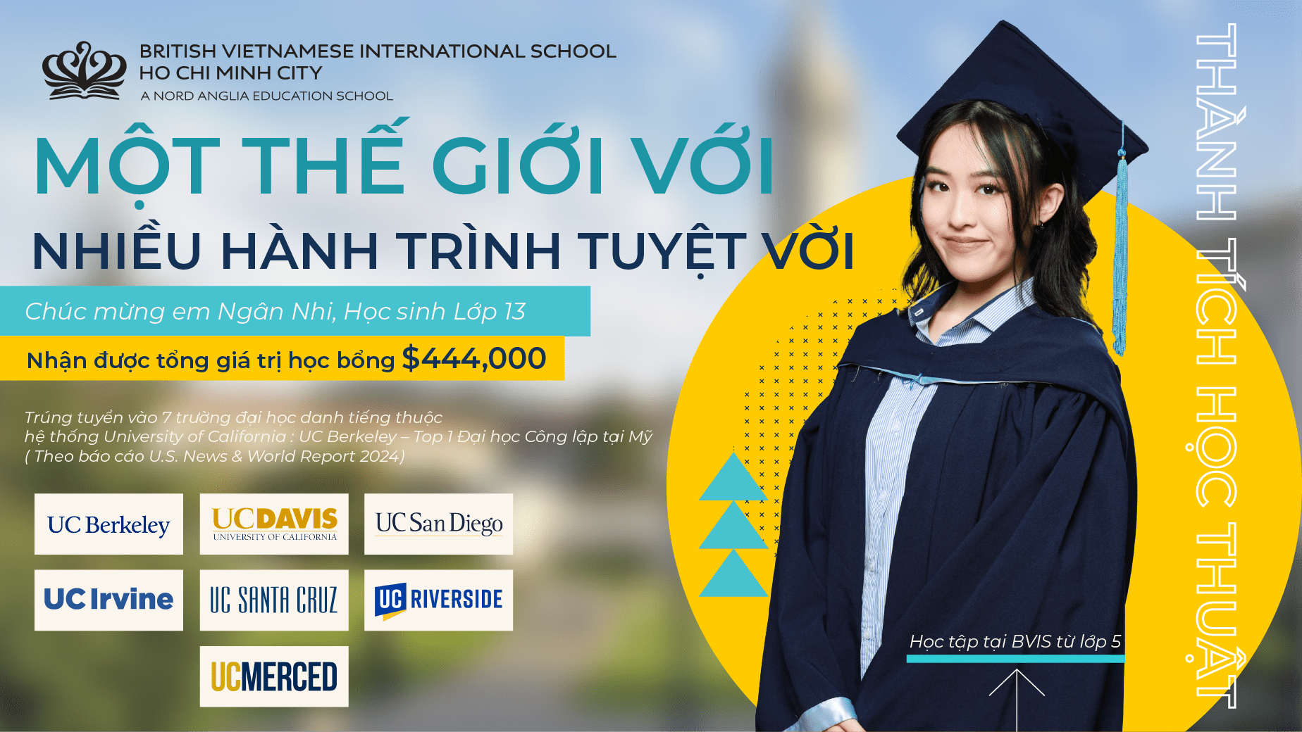 Ngân Nhi, Niên khóa 2024-2025: Xuất sắc Trúng tuyển 7 Trường Đại học thuộc Hệ thống UC với tổng giá trị học bổng $444,000  - Ngan Nhi Class of 2025 Earns Admission to 7 UC Campuses with 444000 USD in Scholarships