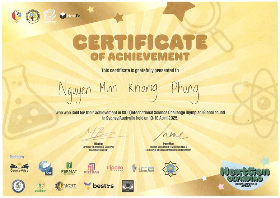Chúc Mừng Minh Khang (Leo), Học Sinh Lớp 9, Với Thành Tích Khoa Học Xuất Sắc Tại NextGen Olympiad - Congratulations to Minh Khang Leo Year 9 Student for His Outstanding Science Achievement
