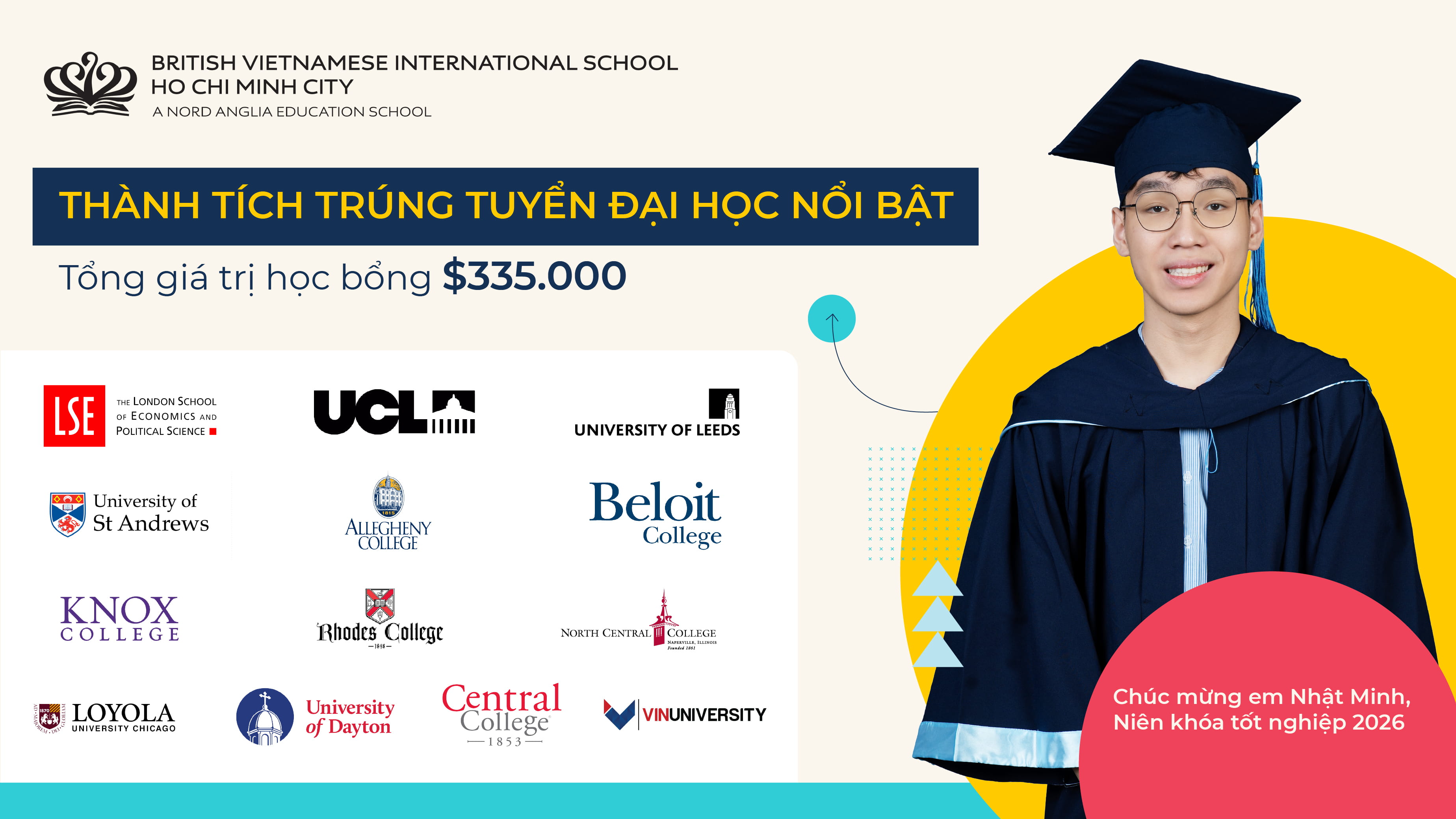 Nhật Minh (Niên khóa 2025-2026): Chinh phục hàng loạt đại học top đầu thế giới với hơn $335,000 học bổng mỗi năm - Nhat Minh Success Story