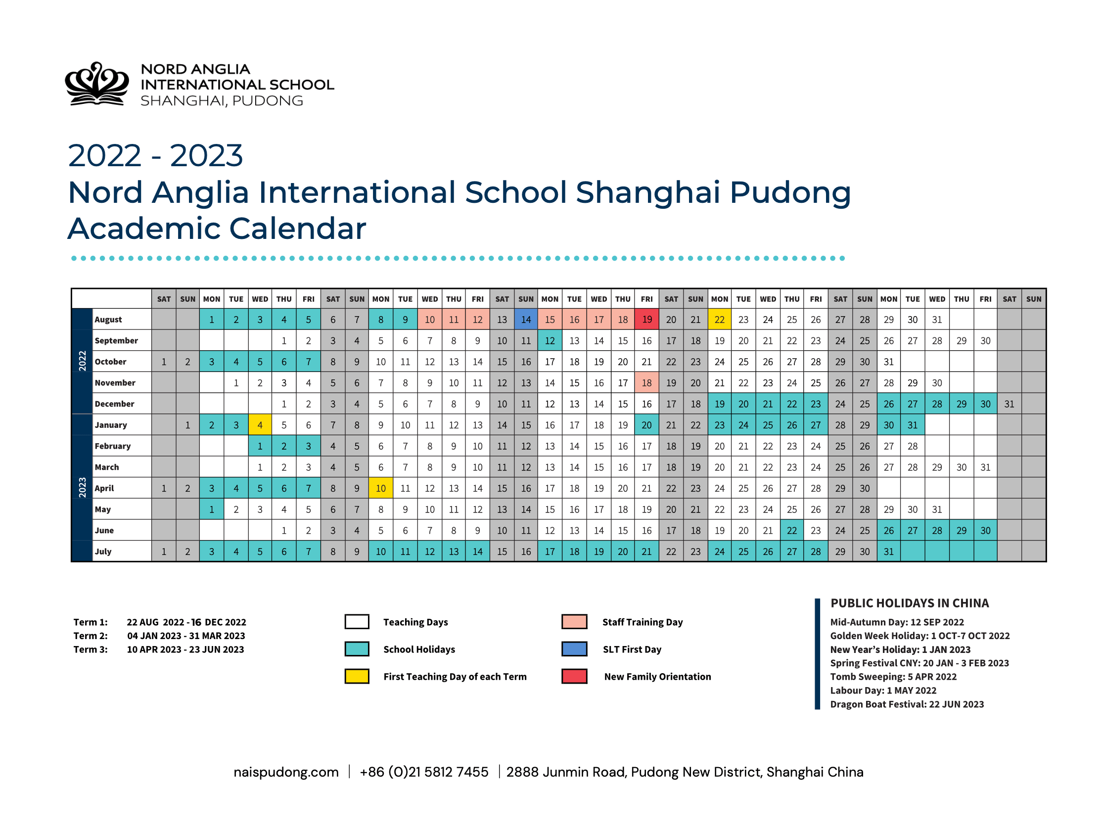 2022-2023 NAIS Pudong Academic Calendar - 2022-2023 Calendar
