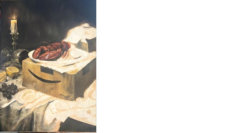 art featuring candle lit lobster dinner over an Amazon delivery box