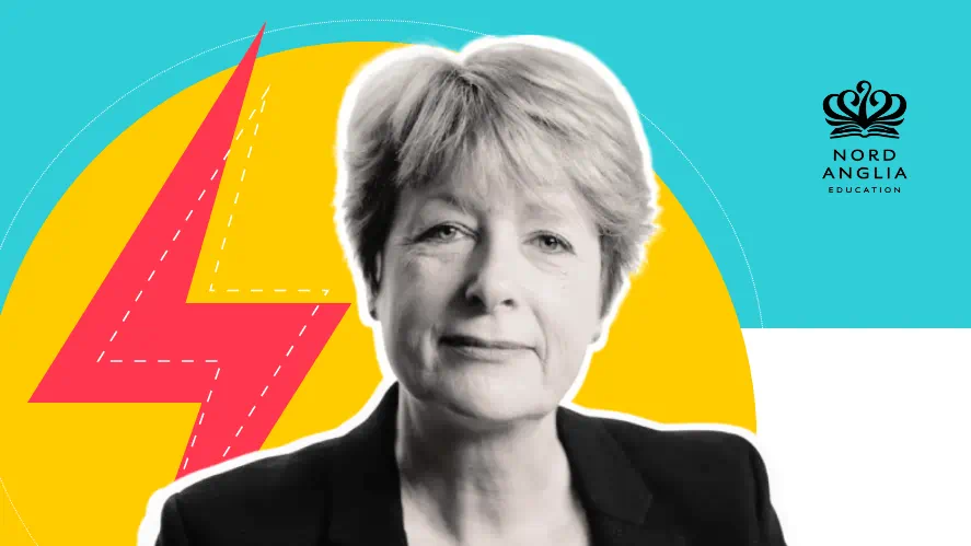 A professional figure shown in front of a colorful graphic background with geometric shapes and the Nord Anglia Education logo.