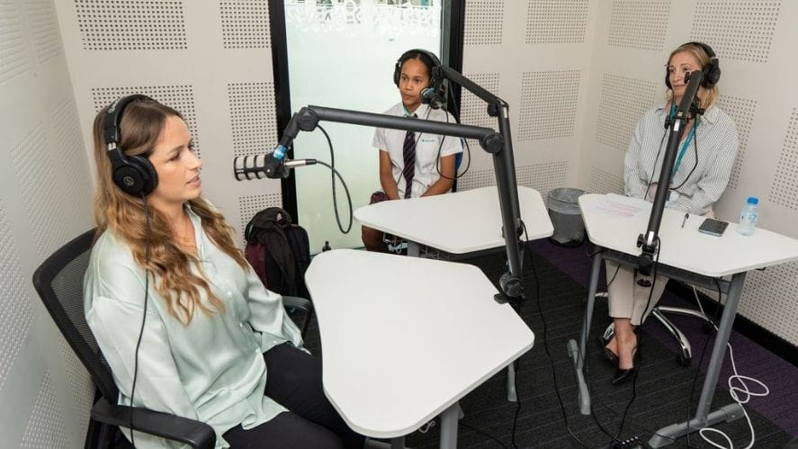 Podcast studio with student, Lauren Walsh, Tara Lambart and bwindi plus