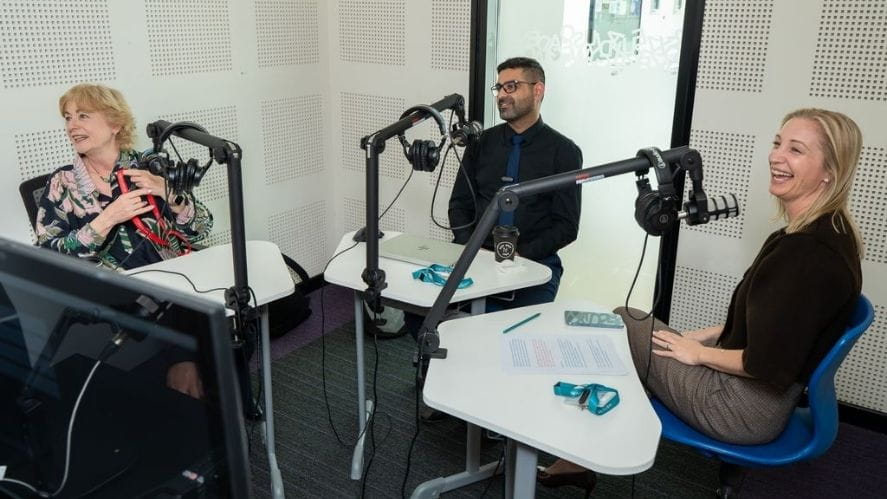 Rose Luckin with teacher and head of primary panel in podcast studio