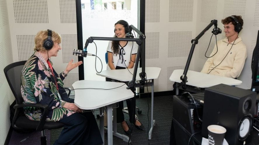 Rose Luckin with Year 12 student panel in podcast studio