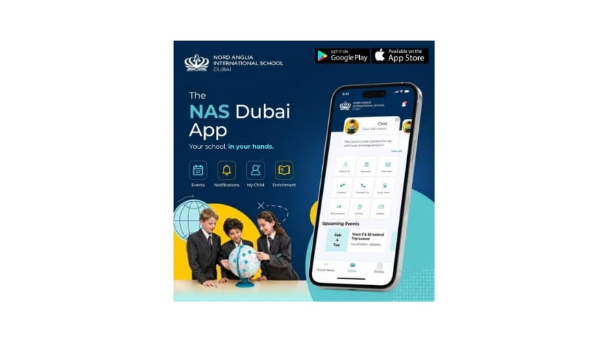 Image of NAS Dubai app on mobile phone with google play and app store logos