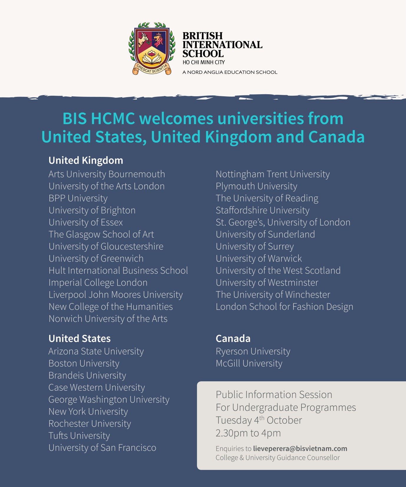 United Kingdom, USA and Canada university visits.