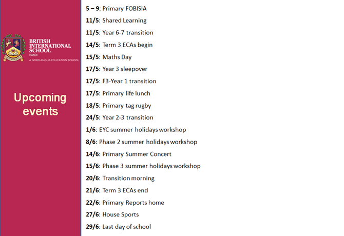 Britist International School Hanoi - Upcoming events