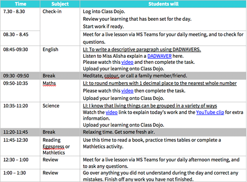 Primary VSE Timetable