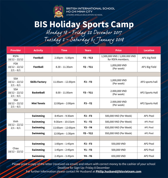 BIS Holiday Sports Camps