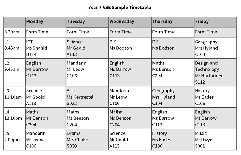 Year 7 VSE Sample Timetable