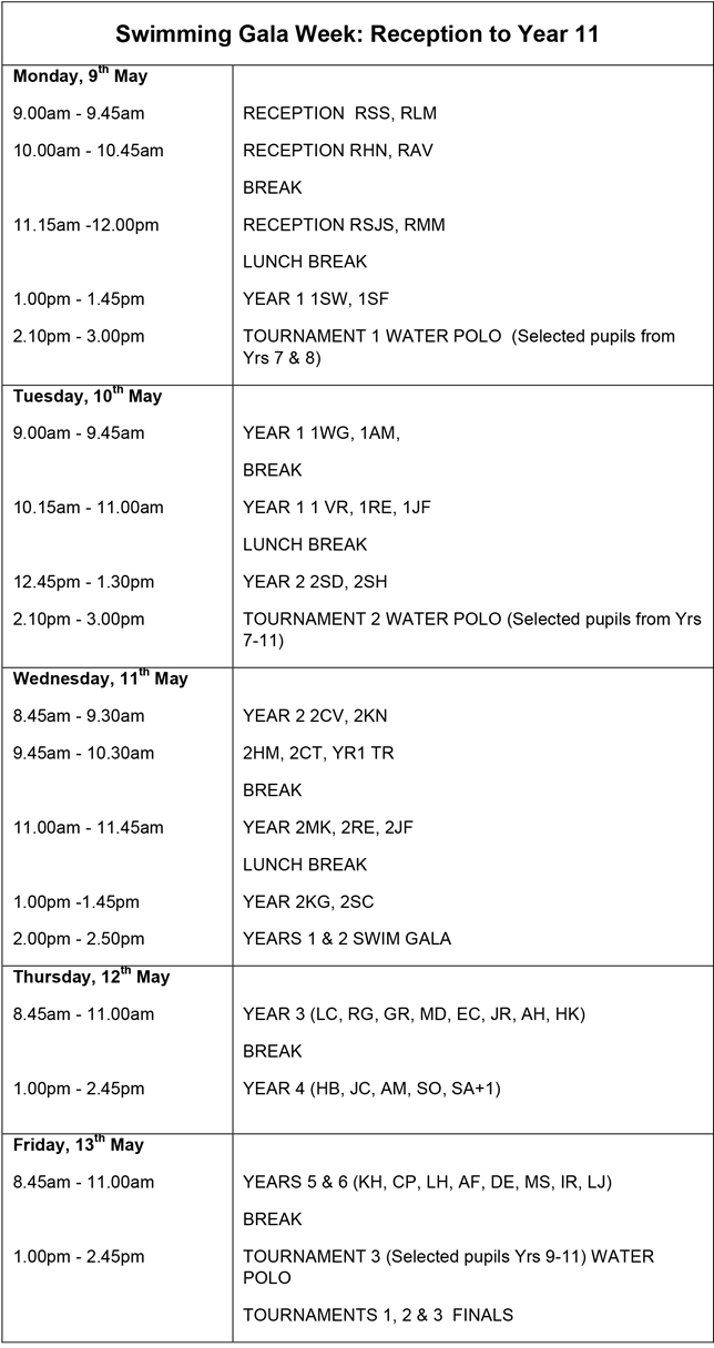 DCIS Swimming Gala: Full Schedule